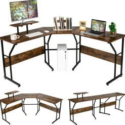 L-Shaped Reversible Computer Desk, 2 Person Long Computer Workstation w/Movable Monitor Stand