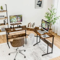 L-Shaped Reversible Computer Desk, 2 Person Long Computer Workstation w/Movable Monitor Stand