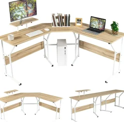 L-Shaped Reversible Computer Desk, 2 Person Long Computer Workstation w/Movable Monitor Stand