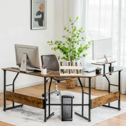 L-Shaped Reversible Computer Desk, 2 Person Long Computer Workstation w/Movable Monitor Stand