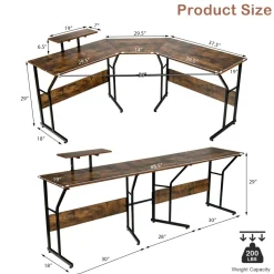 L-Shaped Reversible Computer Desk, 2 Person Long Computer Workstation w/Movable Monitor Stand