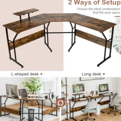 L-Shaped Reversible Computer Desk, 2 Person Long Computer Workstation w/Movable Monitor Stand
