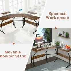 L-Shaped Reversible Computer Desk, 2 Person Long Computer Workstation w/Movable Monitor Stand