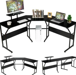 L-Shaped Reversible Computer Desk, 2 Person Long Computer Workstation w/Movable Monitor Stand