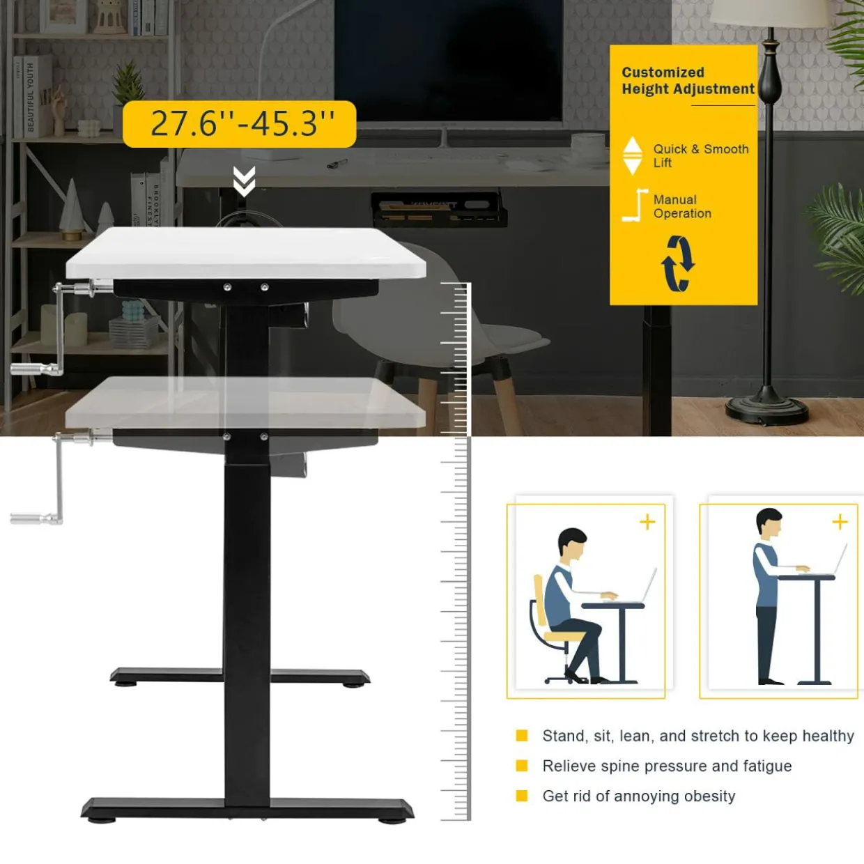 Manual Height Adjustable Standing Desk, 48" x 24" Crank Sit to Stand Desk