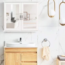 Medicine Cabinet with Mirror, Bathroom Wall Mounted Mirror Cabinet with Double Mirror Doors, 23.5 x 5.5 x 19.5 Inches (White)