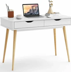 Mid-Century Desk with 2 Drawers, Writing Study Desk, PC Laptop Desk