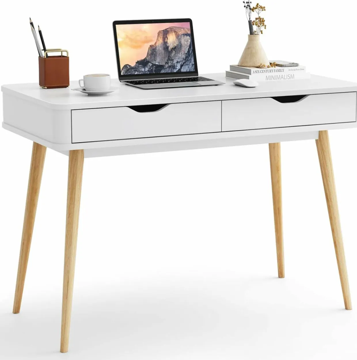Mid-Century Desk with 2 Drawers, Writing Study Desk, PC Laptop Desk
