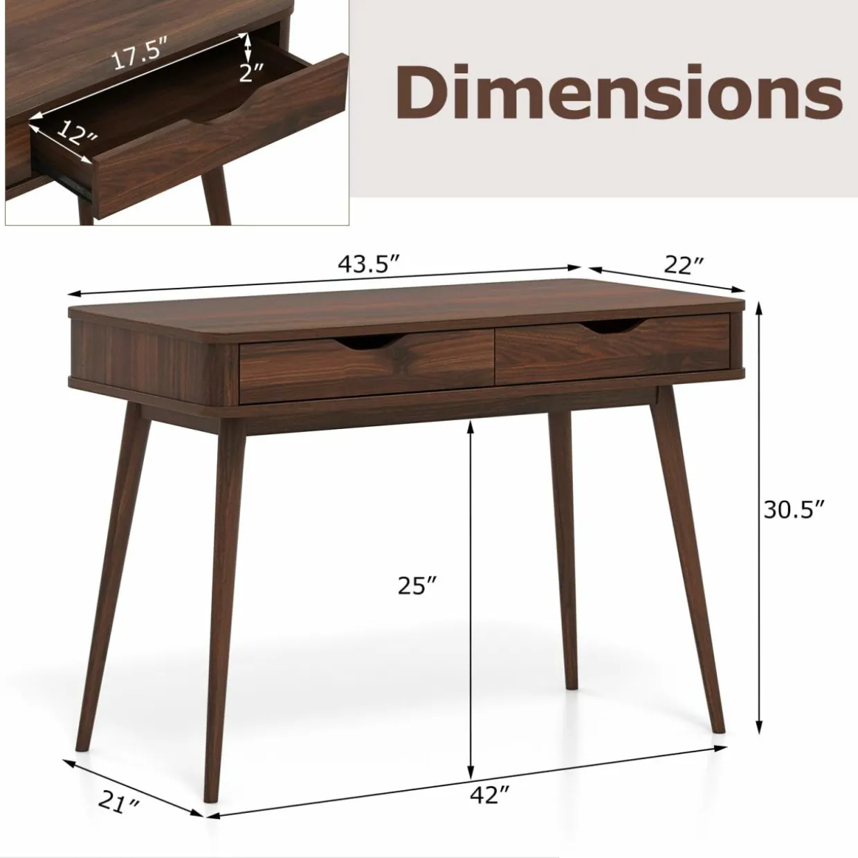 Mid-Century Desk with 2 Drawers, Writing Study Desk, PC Laptop Desk