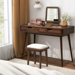 Mid-Century Desk with 2 Drawers, Writing Study Desk, PC Laptop Desk
