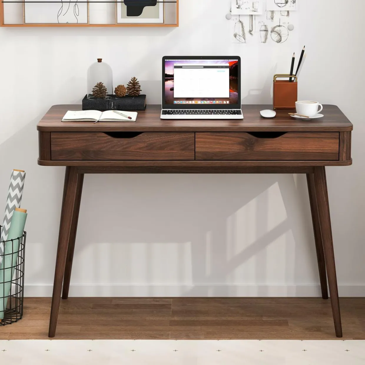 Mid-Century Desk with 2 Drawers, Writing Study Desk, PC Laptop Desk