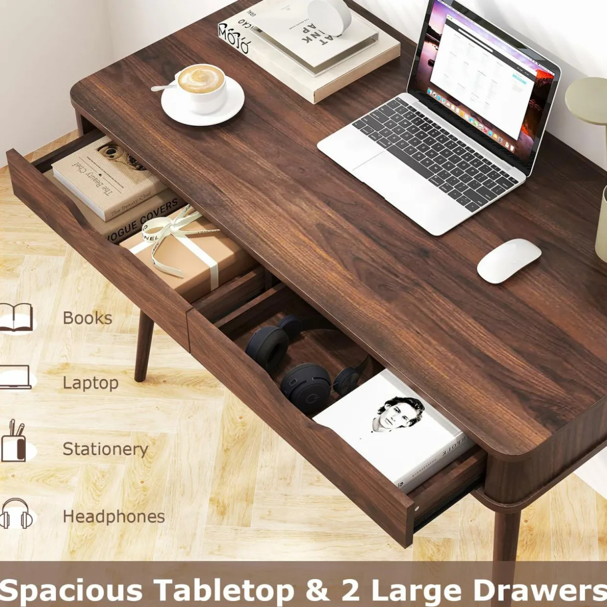 Mid-Century Desk with 2 Drawers, Writing Study Desk, PC Laptop Desk