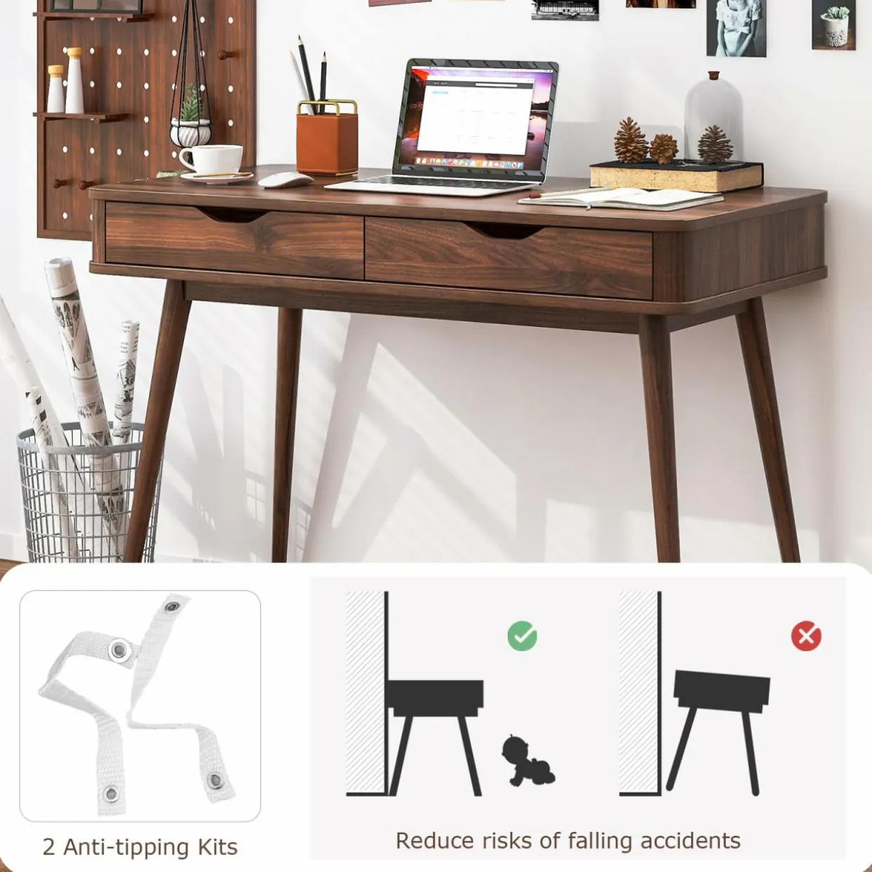Mid-Century Desk with 2 Drawers, Writing Study Desk, PC Laptop Desk