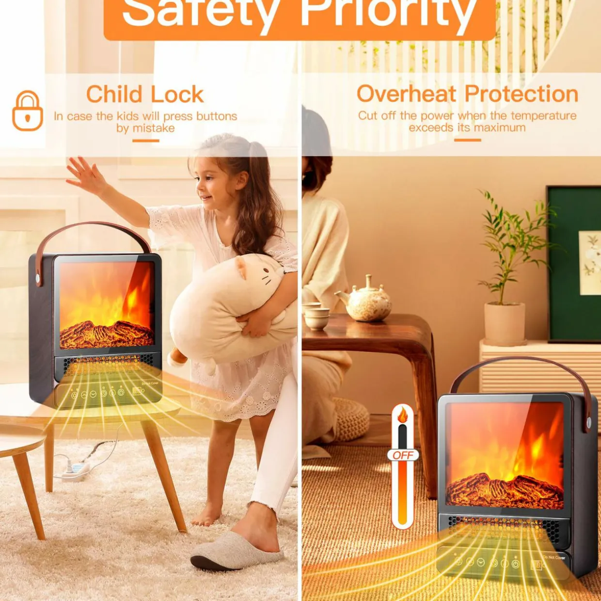 14.5" Mini Portable Electric Fireplace, 750W/1500W Tabletop Stove Heater with 3D Flame & Remote Control