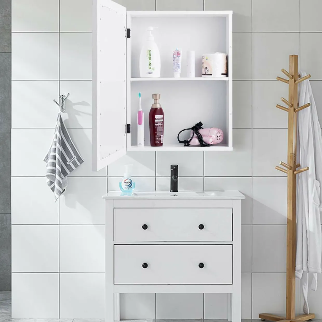 Mirrored Bathroom Cabinet, Wall Mount Storage Organizer, Medicine Cabinet with Single Doors