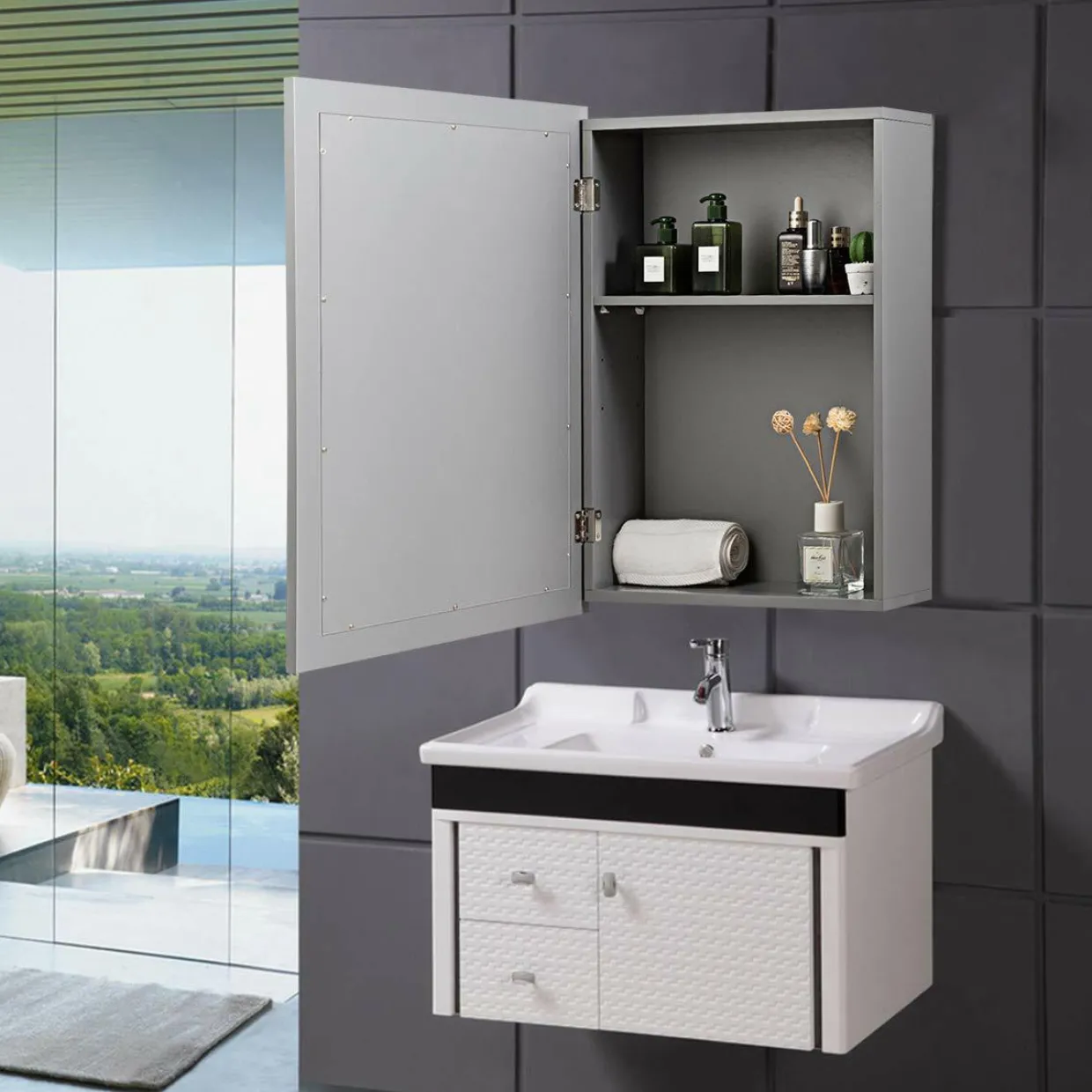Mirrored Bathroom Cabinet, Wall Mount Storage Organizer, Medicine Cabinet with Single Doors
