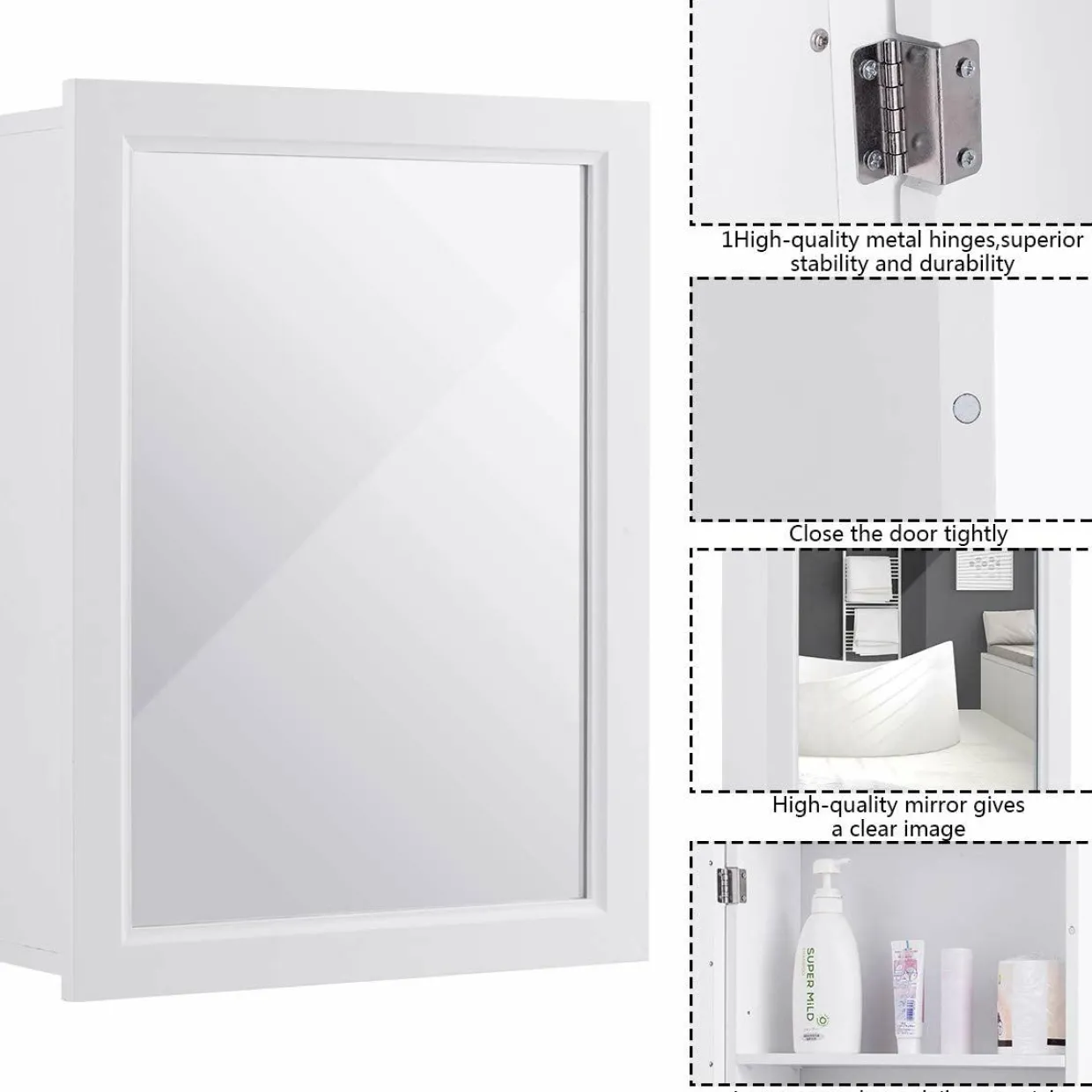 Mirrored Bathroom Cabinet, Wall Mount Storage Organizer, Medicine Cabinet with Single Doors