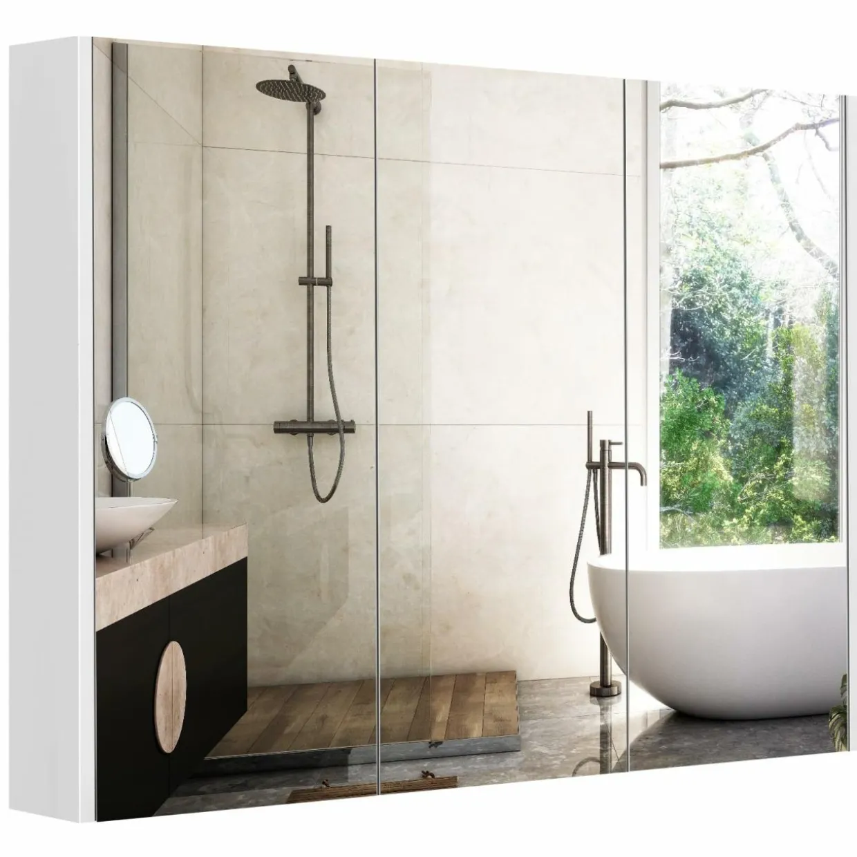 Mirrored Medicine Cabinet, Large Wide Wall Mounted Storage Cabinet with 3 Mirror Doors & Adjustable Shelf