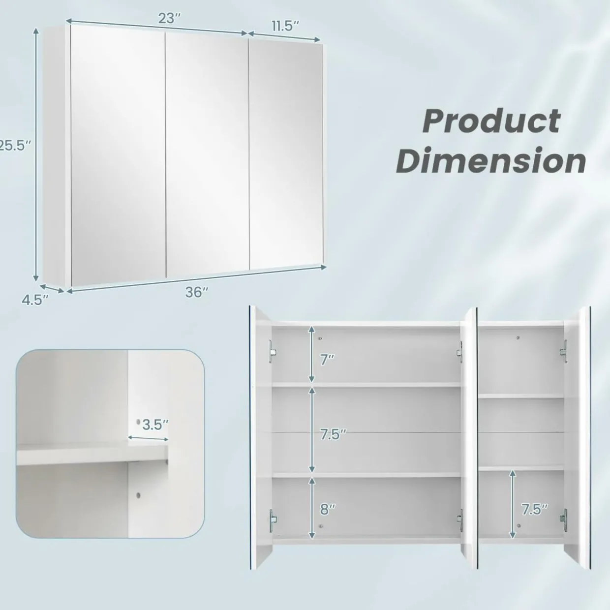 Mirrored Medicine Cabinet, Large Wide Wall Mounted Storage Cabinet with 3 Mirror Doors & Adjustable Shelf