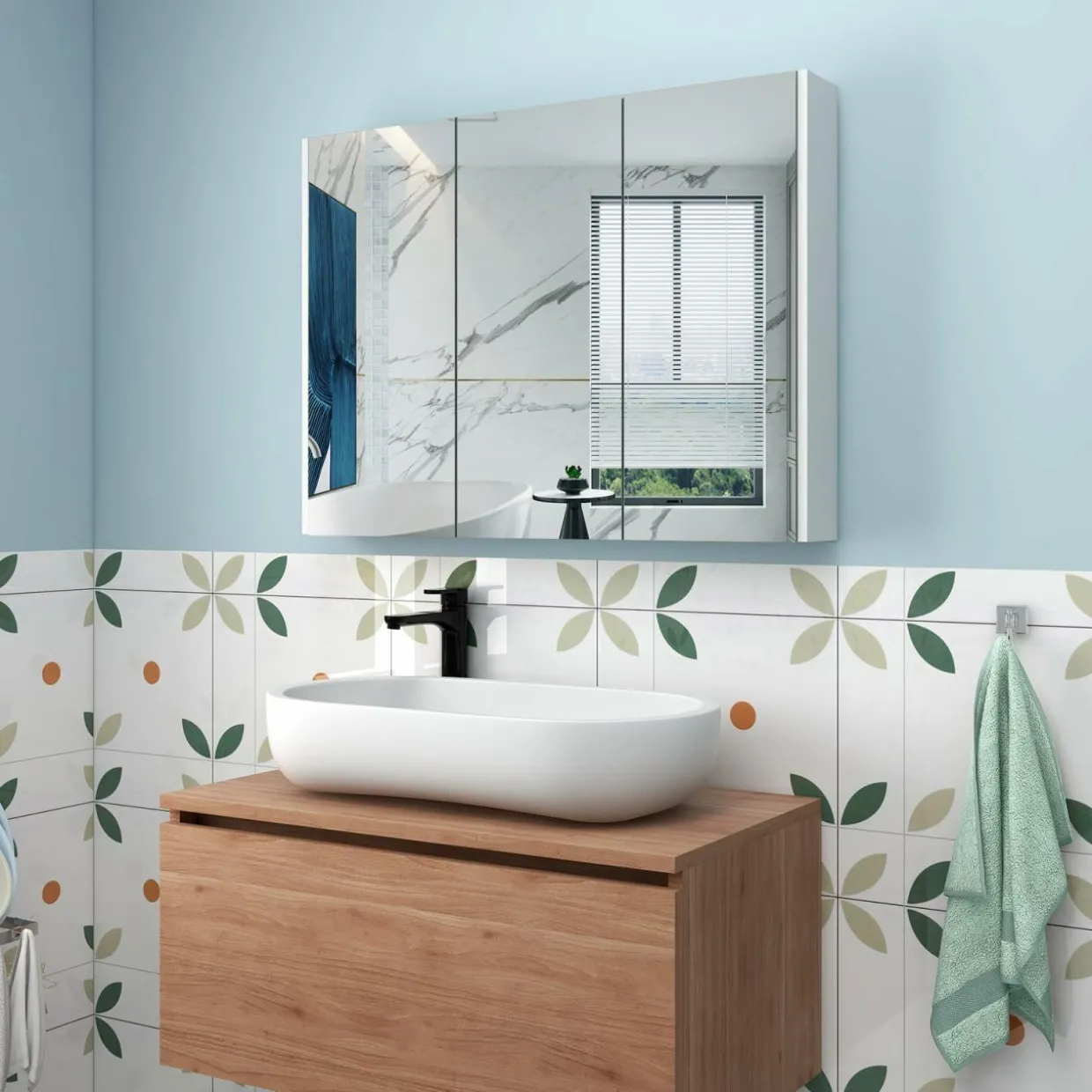 Mirrored Medicine Cabinet, Large Wide Wall Mounted Storage Cabinet with 3 Mirror Doors & Adjustable Shelf