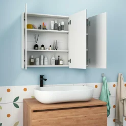 Mirrored Medicine Cabinet, Large Wide Wall Mounted Storage Cabinet with 3 Mirror Doors & Adjustable Shelf