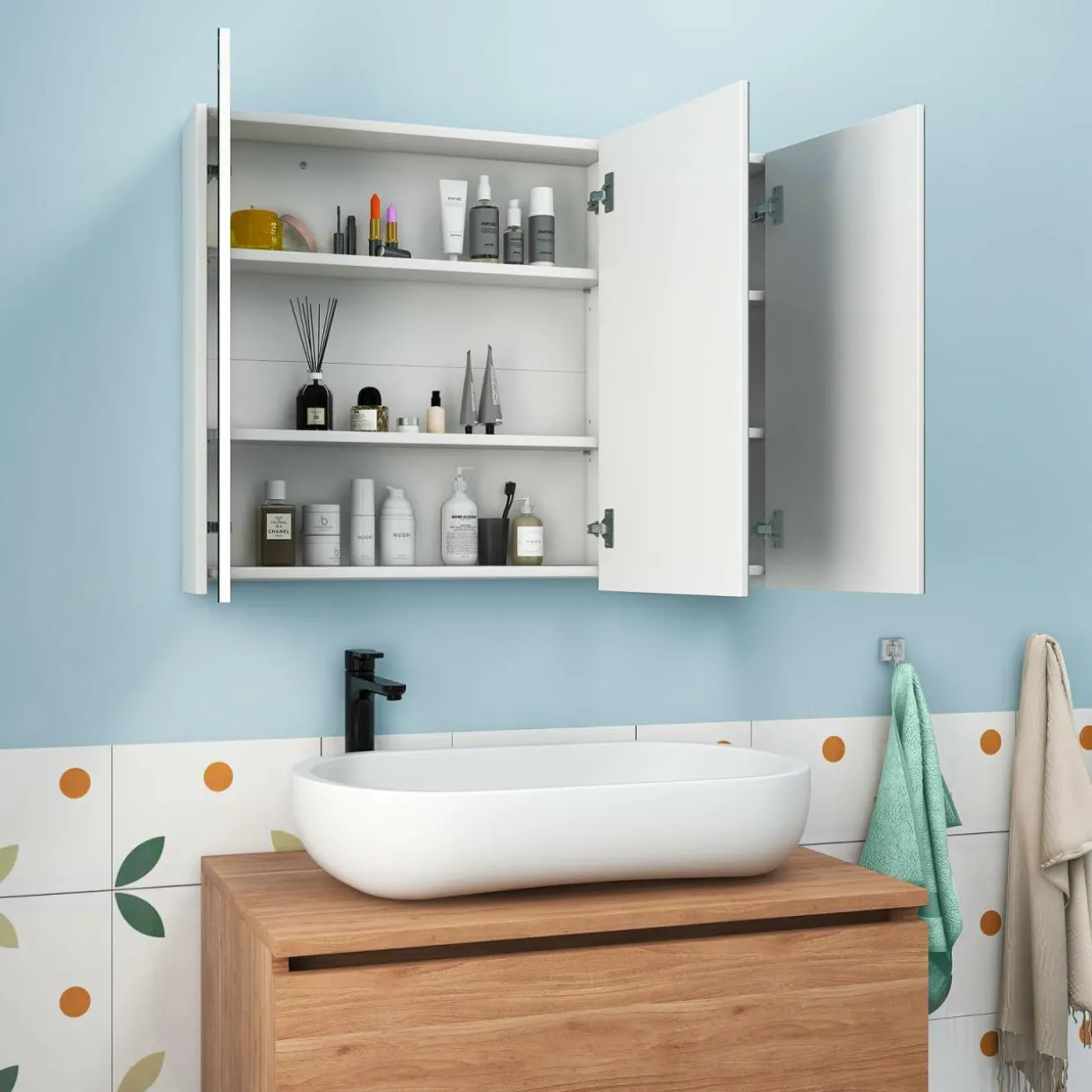 Mirrored Medicine Cabinet, Large Wide Wall Mounted Storage Cabinet with 3 Mirror Doors & Adjustable Shelf