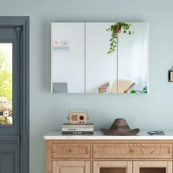 Mirrored Medicine Cabinet, Large Wide Wall Mounted Storage Cabinet with 3 Mirror Doors & Adjustable Shelf
