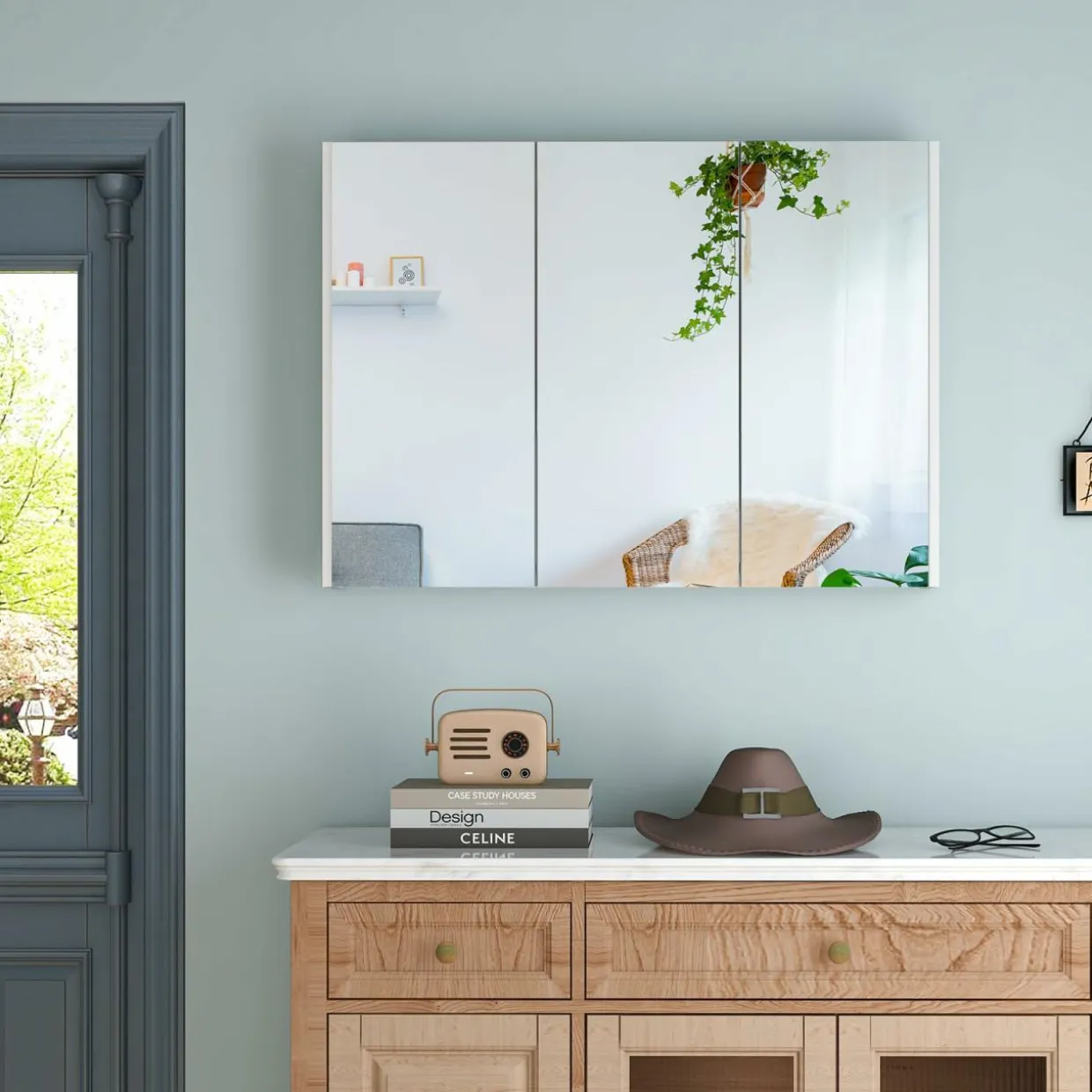 Mirrored Medicine Cabinet, Large Wide Wall Mounted Storage Cabinet with 3 Mirror Doors & Adjustable Shelf