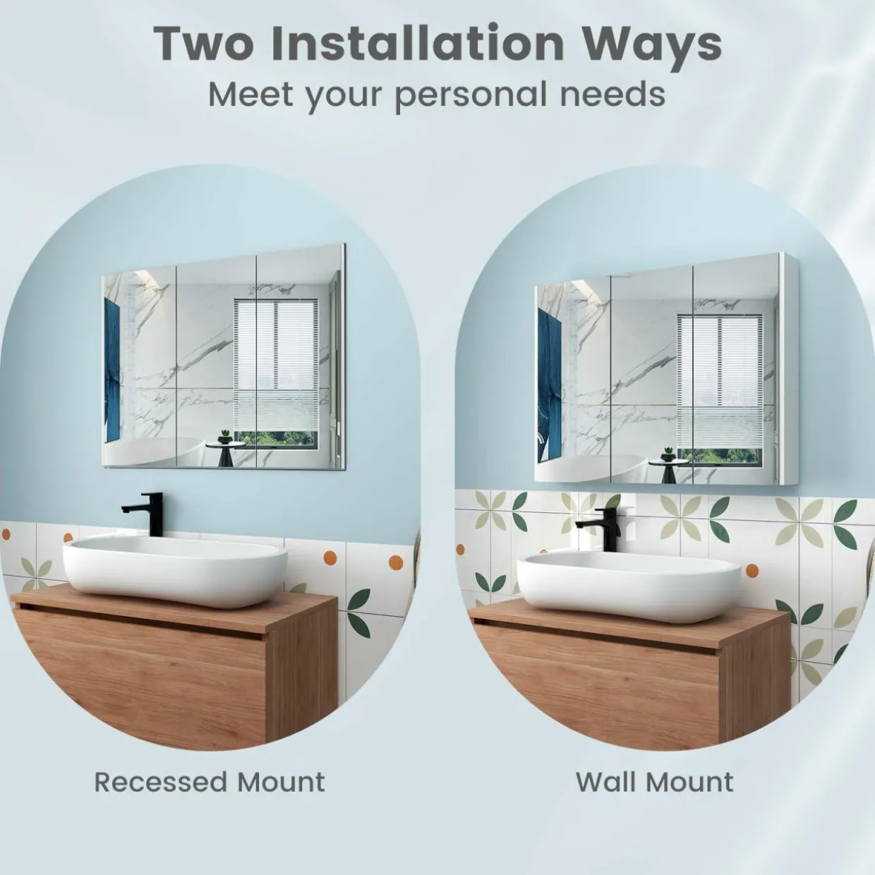 Mirrored Medicine Cabinet, Large Wide Wall Mounted Storage Cabinet with 3 Mirror Doors & Adjustable Shelf