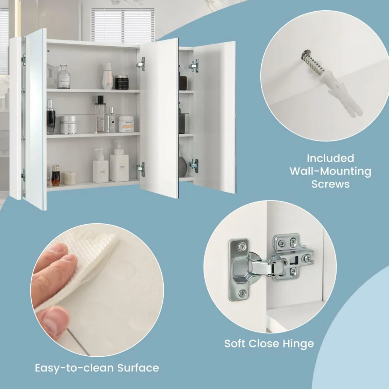 Mirrored Medicine Cabinet, Large Wide Wall Mounted Storage Cabinet with 3 Mirror Doors & Adjustable Shelf