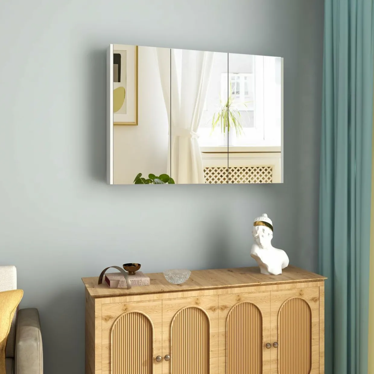 Mirrored Medicine Cabinet, Large Wide Wall Mounted Storage Cabinet with 3 Mirror Doors & Adjustable Shelf