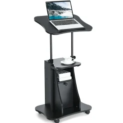 Mobile Laptop Podium, Height Adjustable Sit to Stand Desk with Tilting Desktop & Storage Cabinet