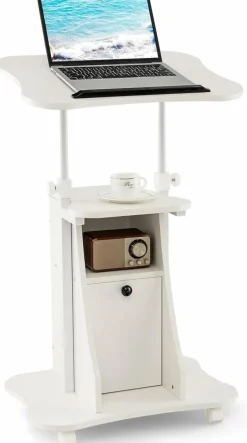 Mobile Laptop Podium, Height Adjustable Sit to Stand Desk with Tilting Desktop & Storage Cabinet