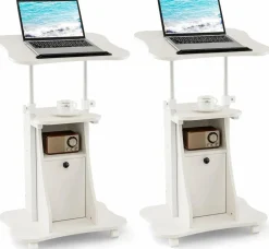 Mobile Laptop Podium, Height Adjustable Sit to Stand Desk with Tilting Desktop & Storage Cabinet
