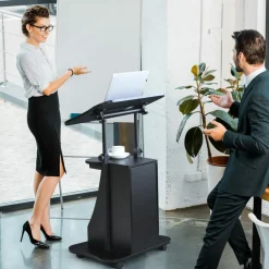 Mobile Laptop Podium, Height Adjustable Sit to Stand Desk with Tilting Desktop & Storage Cabinet
