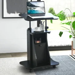 Mobile Laptop Podium, Height Adjustable Sit to Stand Desk with Tilting Desktop & Storage Cabinet