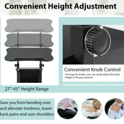 Mobile Laptop Podium, Height Adjustable Sit to Stand Desk with Tilting Desktop & Storage Cabinet