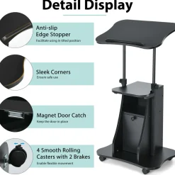 Mobile Laptop Podium, Height Adjustable Sit to Stand Desk with Tilting Desktop & Storage Cabinet