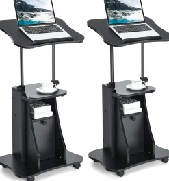 Mobile Laptop Podium, Height Adjustable Sit to Stand Desk with Tilting Desktop & Storage Cabinet