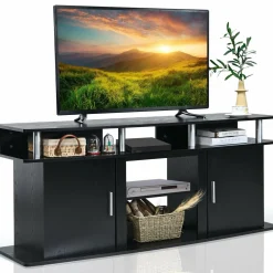 Modern TV Stand for TVs up to 70 Inches, Living Room Console Table w/2 Cabinets & Open Shelves