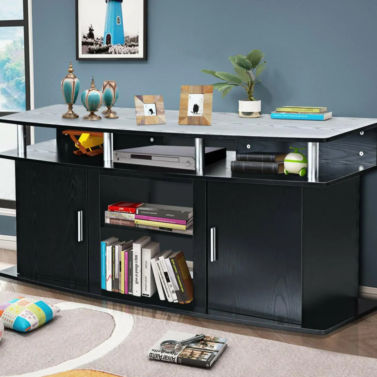 Modern TV Stand for TVs up to 70 Inches, Living Room Console Table w/2 Cabinets & Open Shelves