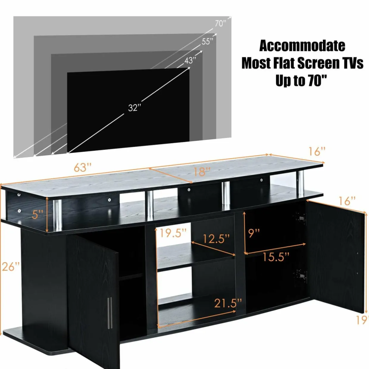 Modern TV Stand for TVs up to 70 Inches, Living Room Console Table w/2 Cabinets & Open Shelves