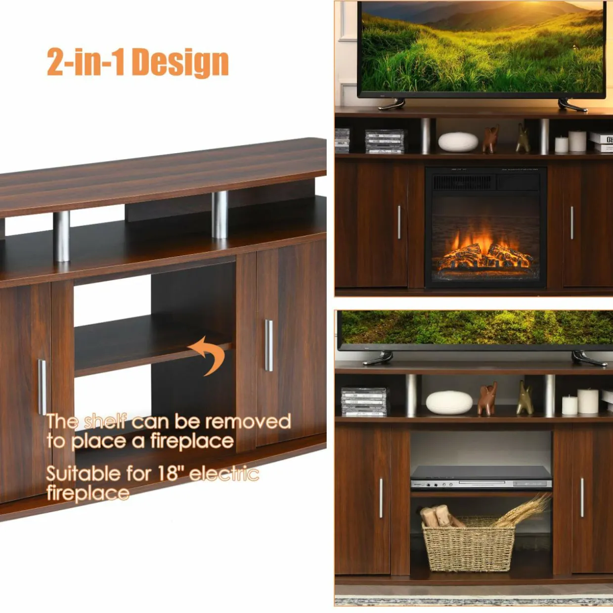 Modern TV Stand for TVs up to 70 Inches, Living Room Console Table w/2 Cabinets & Open Shelves