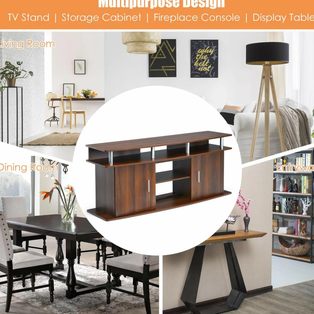 Modern TV Stand for TVs up to 70 Inches, Living Room Console Table w/2 Cabinets & Open Shelves