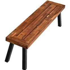 Outdoor Acacia Wood Bench, Patio Dining Bench Picnic Bench with Steel Legs (1, Teak)