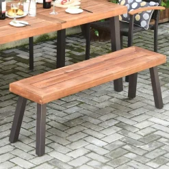 Outdoor Acacia Wood Bench, Patio Dining Bench Picnic Bench with Steel Legs (1, Teak)
