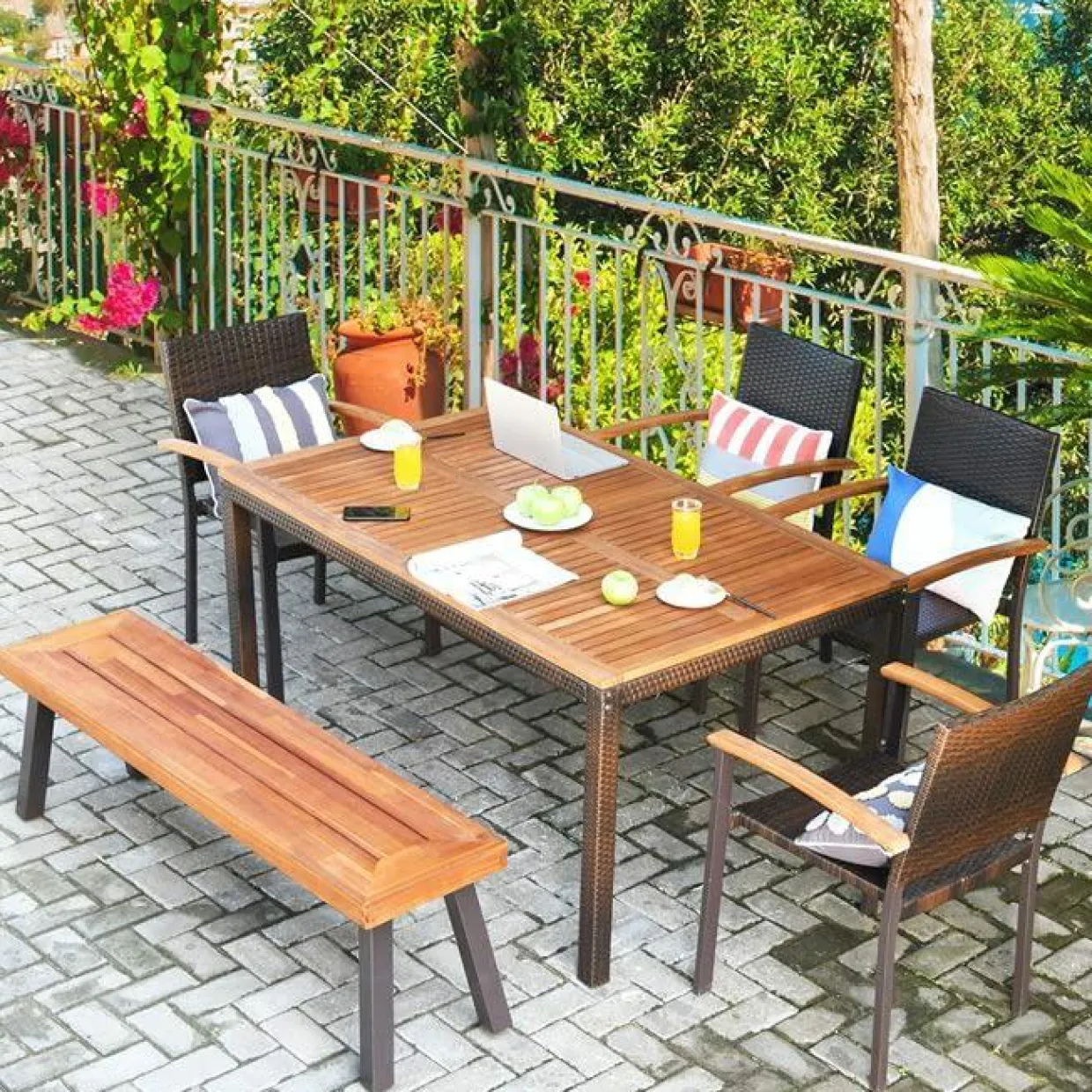 Outdoor Acacia Wood Bench, Patio Dining Bench Picnic Bench with Steel Legs (1, Teak)