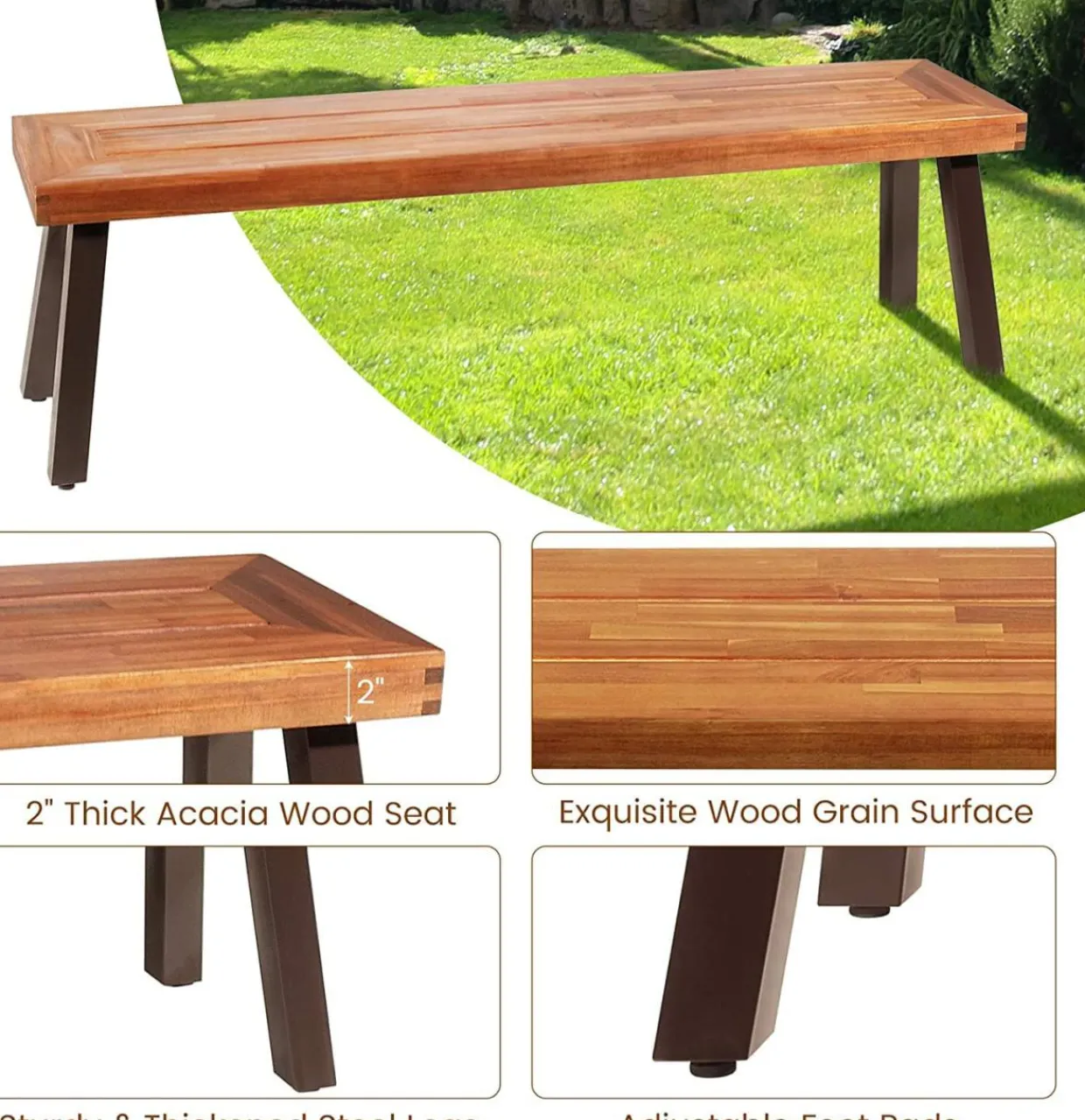 Outdoor Acacia Wood Bench, Patio Dining Bench Picnic Bench with Steel Legs (1, Teak)