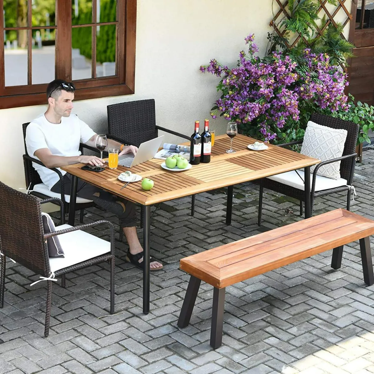 Outdoor Acacia Wood Bench, Patio Dining Bench Picnic Bench with Steel Legs (1, Teak)