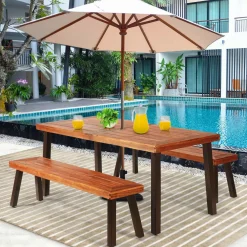 Outdoor Acacia Wood Bench, Patio Dining Bench Picnic Bench with Steel Legs (1, Teak)